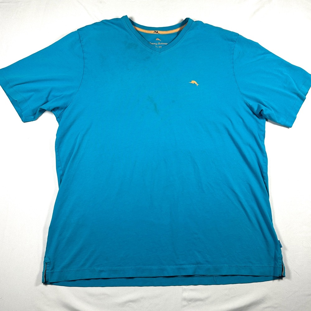 Tommy Bahama Relax Mens XL Blue Pima Cotton V-Neck Marlin Logo T-Shirt